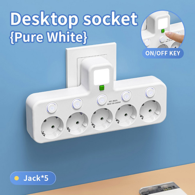EU 플러그 콘센트 4 소켓 멀티탭 벽 전원 스트립 전기 소켓 연장 코드 없음USB 1 Type-C 포트 2개 포함 2500W 최대 전력, White, 1개