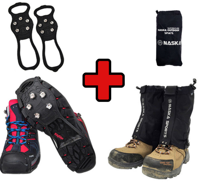 에이스샵_겨울 등산 아이젠+스패츠 1세트 / 남여공용 등산용 산행 각반 미끄럼방지, 체인아이젠13P(L블랙-파우치증정), 롱스패츠(카키-카키치증정)