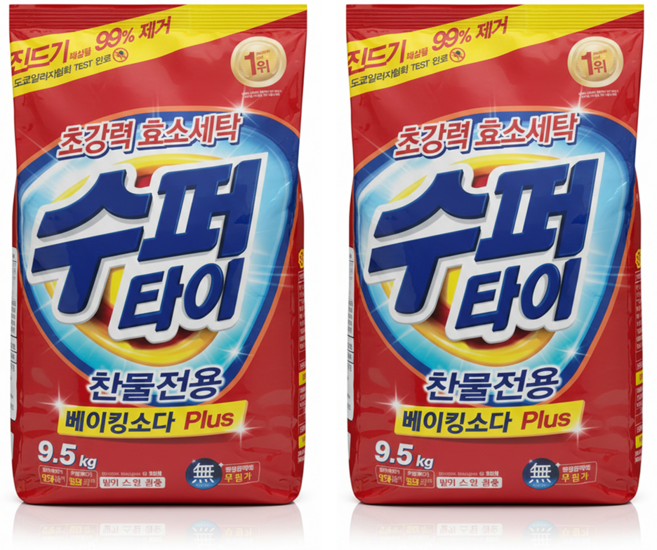 수퍼타이 9.5kg x 2개 베이킹소다함유 가루비누 세탁세제 대용량LG생활건강
