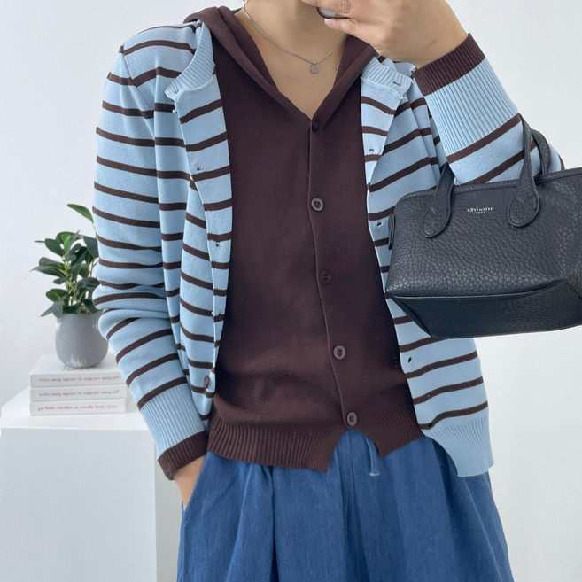 [무배 ] 디아 여성 루즈핏 빅사이즈 후드 단가라 니트 붙은 가디건 가을 겨울 스트라이프 오버핏 체형커버 데일리 아우터 플러스사이즈