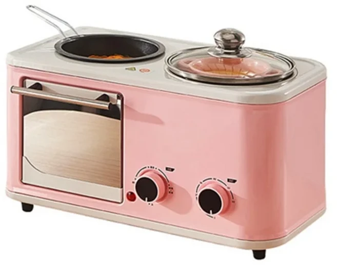 K-STAR Electric 3 In 1 가정용 아침 식사 기계 미니 빵 토스터 베이킹 오븐 오믈렛 프라이 팬 냄비 보일러, 01 pink