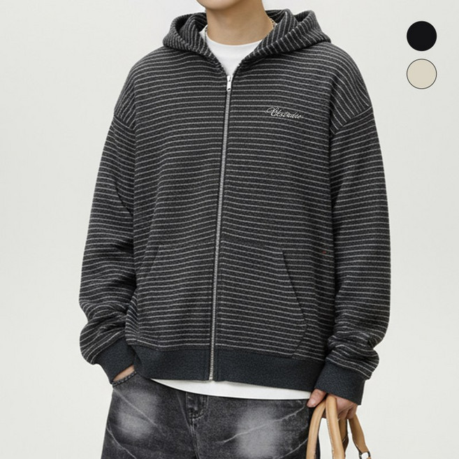HANYO 캐주얼 스트라이프 오버핏 투웨이 후드티 후드집업 맨투맨