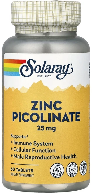 솔라레이 Solaray Zinc Picolinate 25 mg 60 Tablets, 솔라레이 Solaray, Zinc Picolinate,, 1개 - 쿠팡