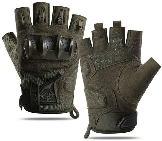 戶外專業運動防摔觸控手套 機車騎行防護訓練攀巖防滑多功能手套, 赫布骨架殼半指--綠色,XL