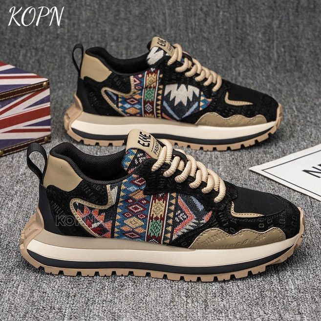 KOPN 봄가을 남성 신발 트렌드 패션 프린트 자수 스니커즈 편안하고 두꺼운 밑창 키높이 신발남