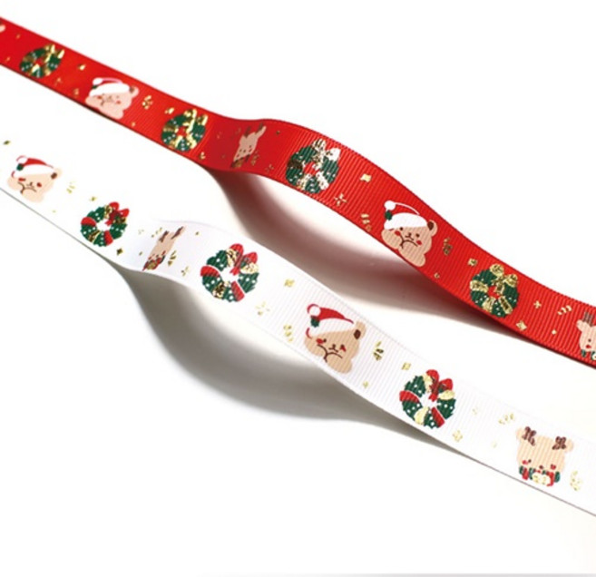 리본 - 골직 15mm 곰돌이 크리스마스 리스