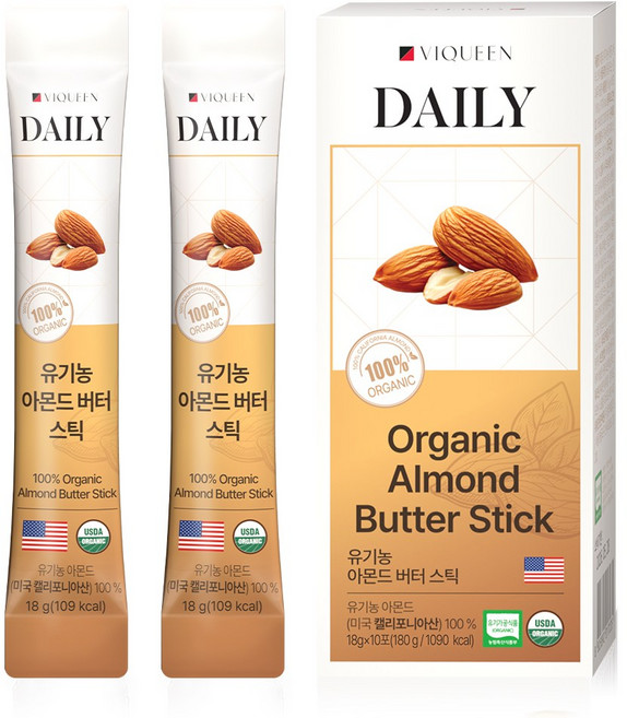 바이퀸 무첨가 100% 유기농 아몬드 버터 스틱 잼, 1박스, 180g