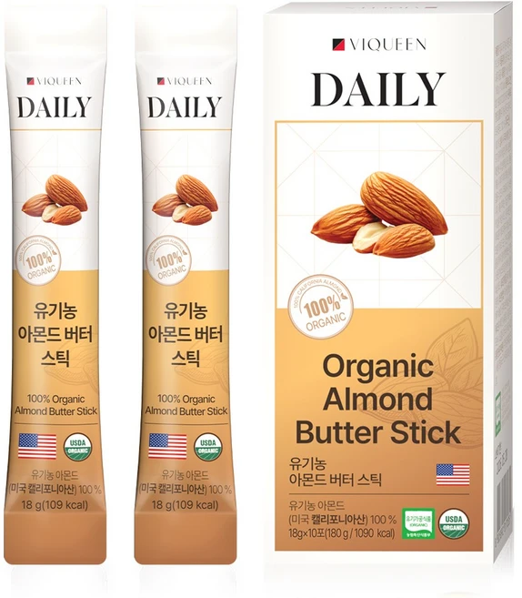 바이퀸 무첨가 100% 유기농 아몬드 버터 스틱 잼, 1박스, 180g - 쿠팡