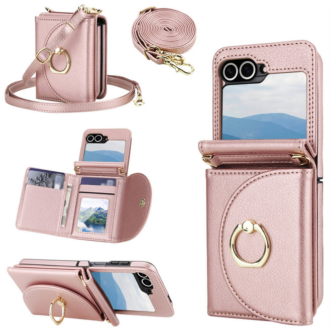 적용 가능 삼성 갤럭시 ZFlip 7 FE 6 5 4 3 폴더블폰케이스 고급 PU 가죽 크로스바디 지갑형 다중 카드슬롯 회전링 스탠드 일체형