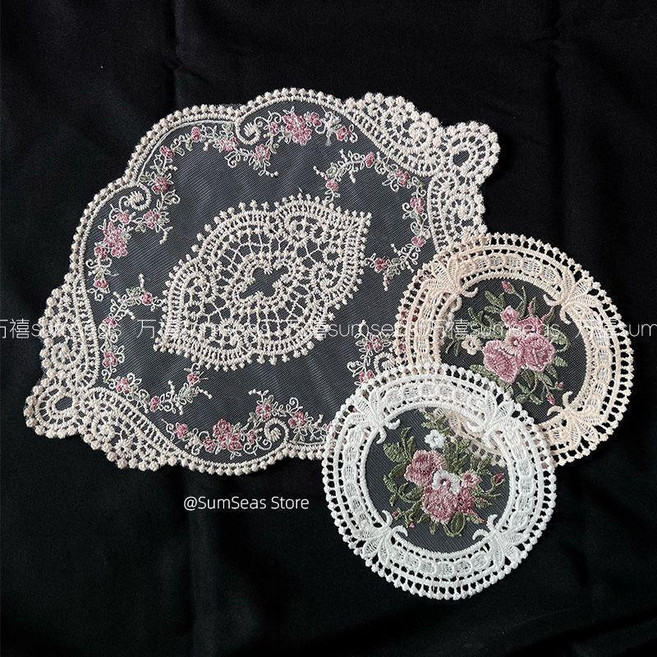 法式ins風蕾絲刺繡餐墊杯墊, 1個, 1個圓形刺繡墊米色, 米色