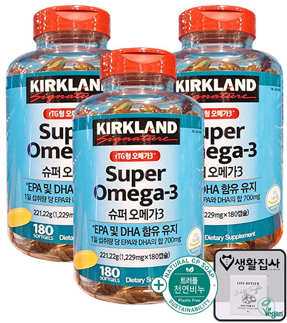 커클랜드 슈퍼오메가3 R-TG + 천연비누 코스트코, 3개, 180정