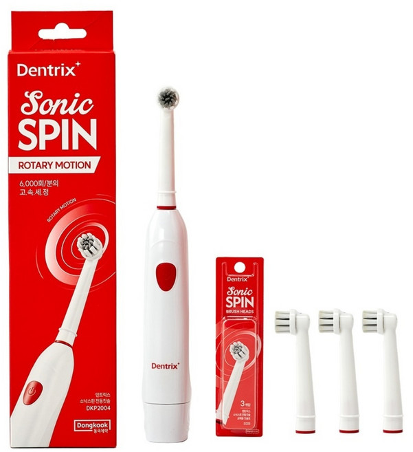 동국제약 덴트릭스 소닉스핀 전동칫솔+교체용 칫솔모 3P 프라그제거 치석제거 입냄새제거 두가지패턴모 방수 선물 추천 선물 연말선물 부모님 선물, 1개
