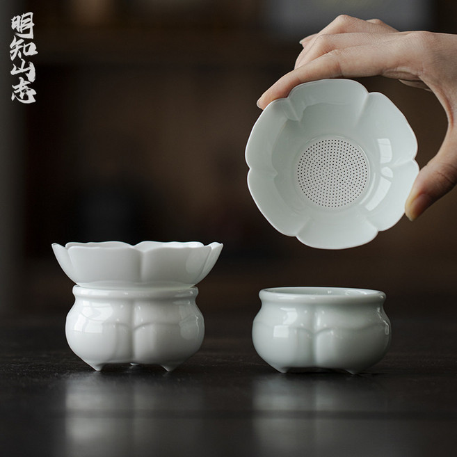 목련 백자 도자기차거름망 다도 티스트레이너 찻잎 티망, 다용도 꽃차 배수 세트 - 스위트 화이트