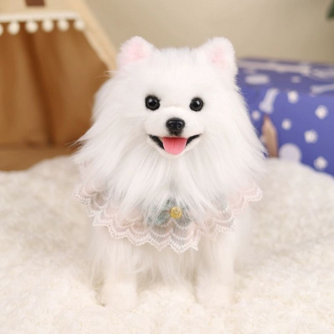 스피츠 인형 포메라니안 리얼 강아지 애착인형 폼피츠 진짜같은 애견 모형 장식, 기본형+그린 넥케이프