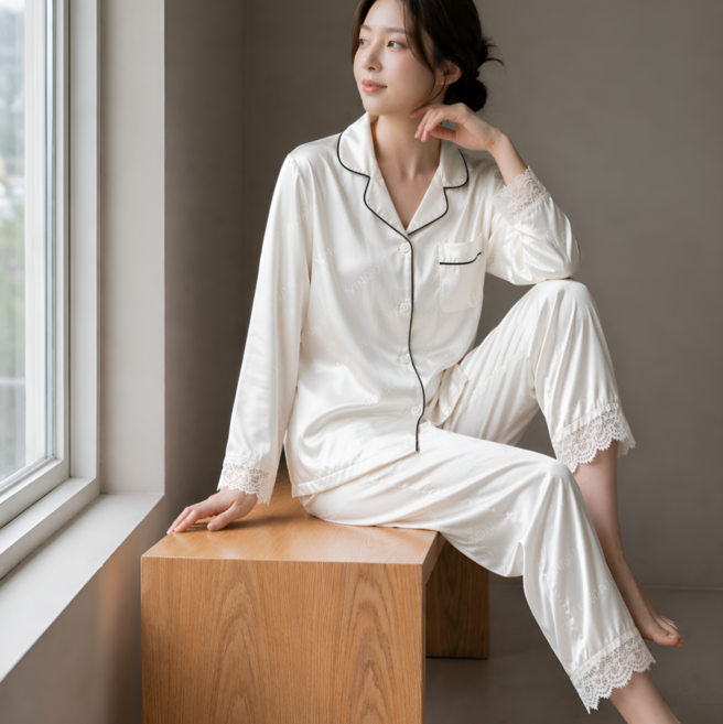 모아리브 여성 긴팔 실크 레이스 파자마 여자 잠옷 세트