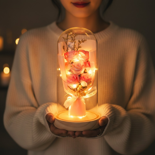 로렌드 기념일 선물 유리돔 꽃다발 + 예쁜 미니카드, 핑크