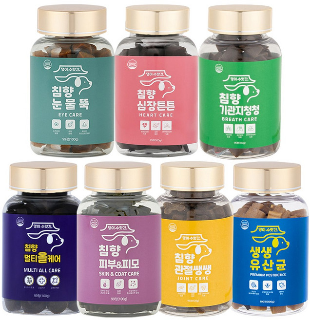 강아지 영양제 댕이수랏간 침향 피부&피모 100g+관절쌩쌩 100g+기관지청청 100g+눈물뚝 100g+심장튼튼 100g+생생 유산균 100g+멀티올케어 100g