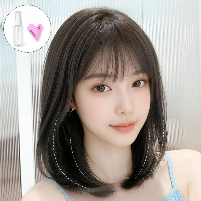 Novah 여성 중단발 통가발 시스루뱅 자연스러운 레이어드 데일리 풀가발 35cm, 1개, 브라운블랙