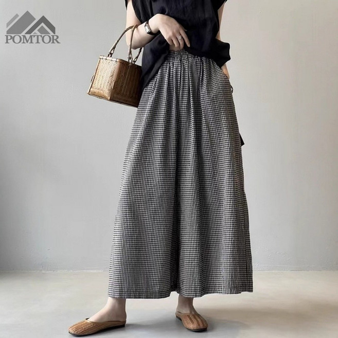 POMTOR 여성용 봄 가을 여름 하이웨스트 오버핏 밴딩 체크 와이드 치마바지