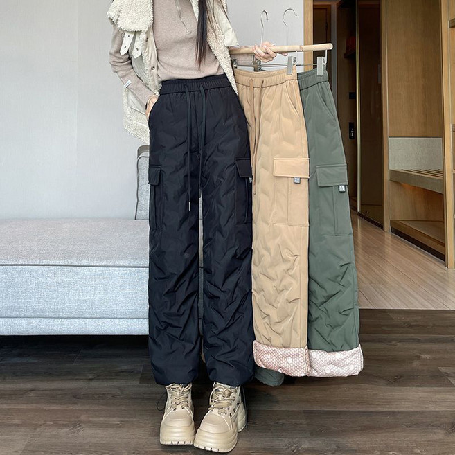 블랙 카고 패딩 바지 빅사이즈 아우터 겨울 여성용 다양한 색상 두꺼운 외출용 방한용 등산 바지