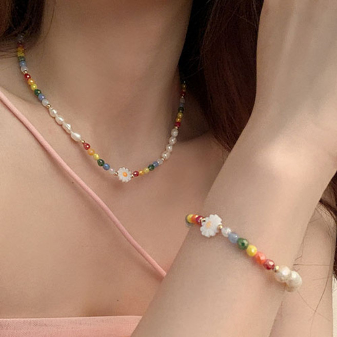 여성 컬러 글라스 플라워 비즈 진주 목걸이 팔찌 2종 세트 A548S