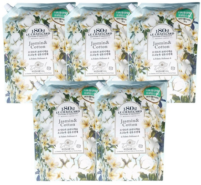 르샤트라 보타닉캐슬 고농축 섬유유연제 자스민 코튼 리필, 5개, 1.5L