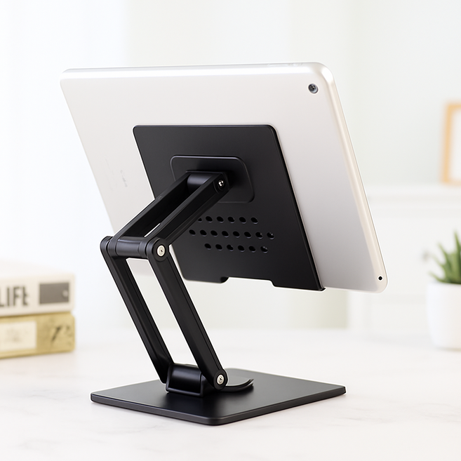 홈앤힐링 높이조절 태블릿거치대 접이식 탁상용 패드거치대 11인치까지, 회전형 블랙, 1개
