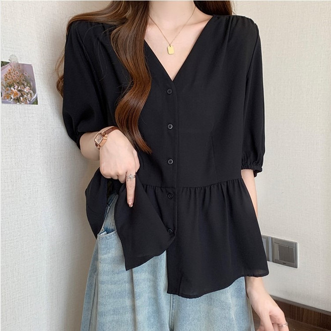 쇼매인 여성 여름 벌룬 소매 빅사이즈 루즈핏 블라우스 반팔 셔츠