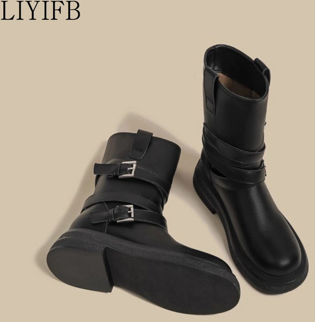 5위 - LIYIFB 발편한 여성 미들부츠 5cm 버클 소가죽 통굽 부츠