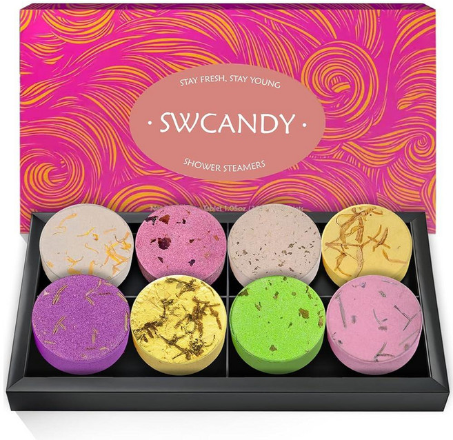 SWCANDY Shower Steamers 아로마테라피 생일 선물 여성용 여행 필수품 레몬 8개 배쓰밤 샤워밤 자연 추출물 에센셜 오일 휴식 홈 스파 253464, Fruit