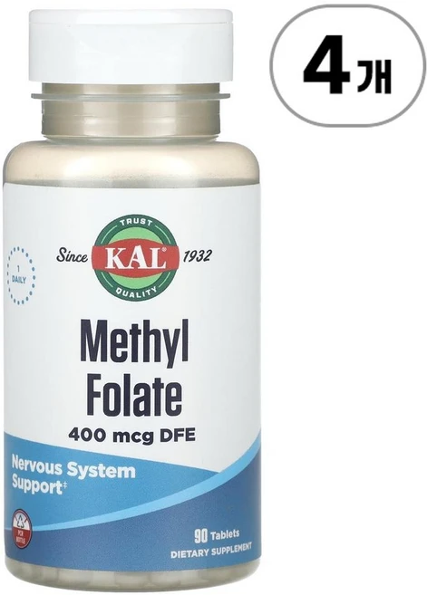 KAL 메틸 폴레이트(활성엽산) 400mcg DFE Methyl Folate 400 mcg DFE 90정, 4개 - 쿠팡