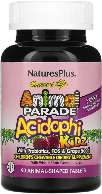 NaturesPlus Source of Life Animal Parade AcidophiKidz 어린이용 츄어블정 천연 베리 맛 동물 모양 90정, NaturesPlusSourceofLifeAnimalP, 1개 - 쿠팡
