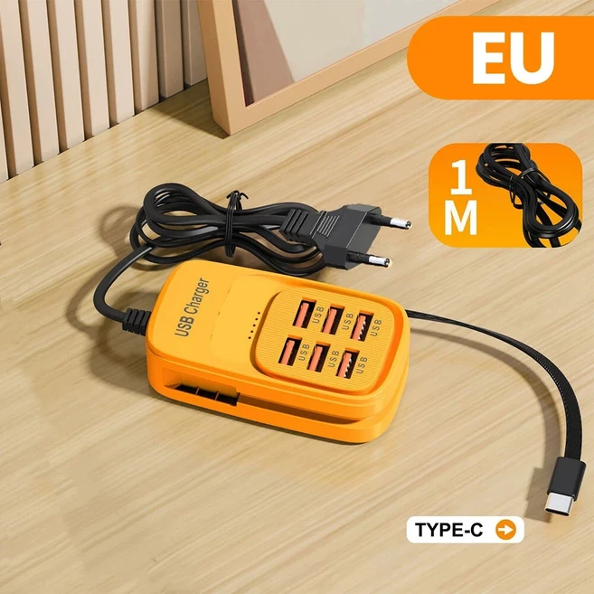 호환 고속 USB 충전기 6 in 1 멀티탭 데스크탑 충전 스테이션 고속 충전 코드 EU/UK/US 플매트 카펫 러그 U, 04 6USB Orange EU