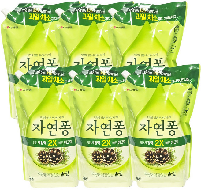 자연퐁 찌든때 걱정없는 솔잎 주방세제 파우치형, 1.4L, 6개