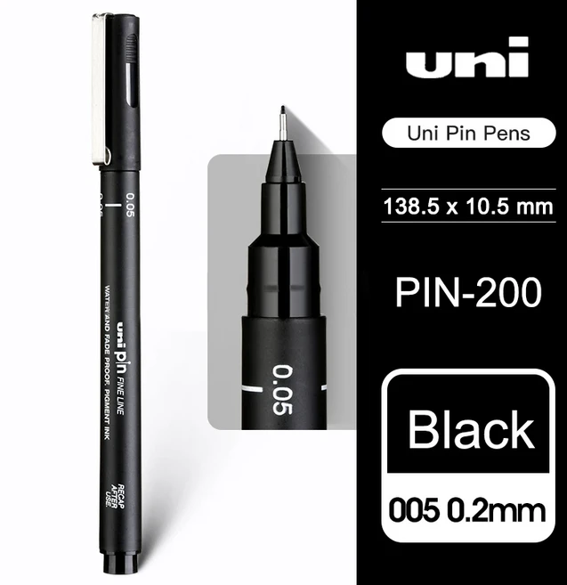 UNI 핀 200 풀 니들 만화 디자인 드로잉 후크 라인 펜 학생 스트로크 컬러 블랙 3 개, 06 005 0.2 black