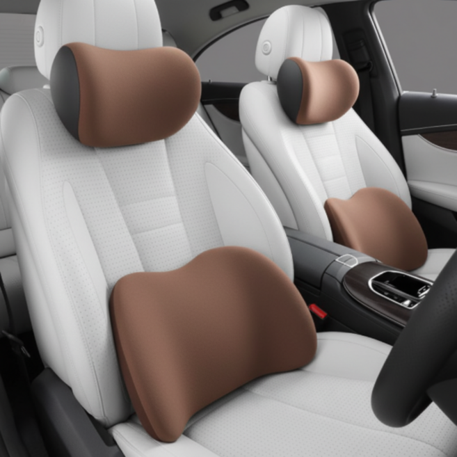 차량용 메모리폼 머리받침 등받이 쿠션 세트, 1세트, 브라운