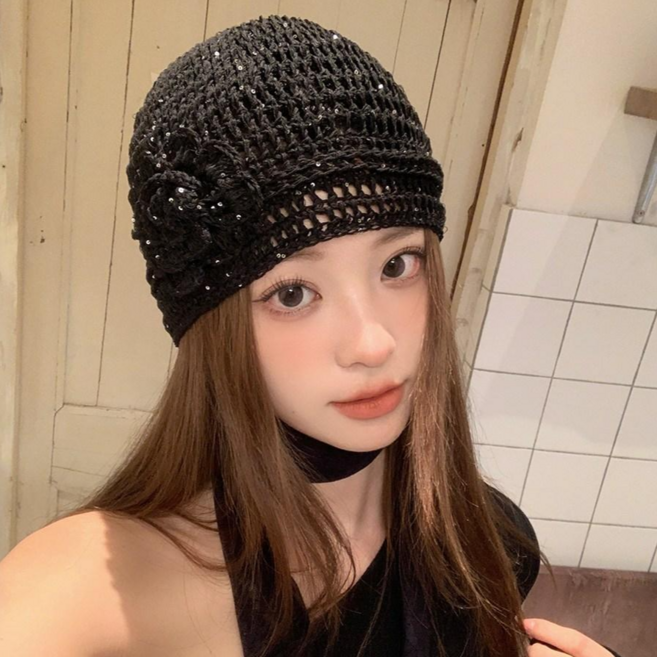 HALOPICK 봄 여름 플라워 반짝이 니트 숏 비니