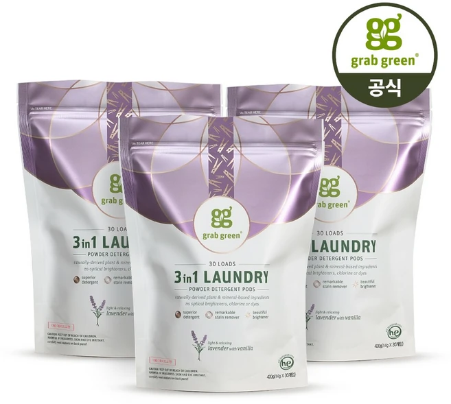 그랩그린 세탁세제 민감 아토피 중성 가루 캡슐세제 라벤더, 30개입, 3개 - 쿠팡