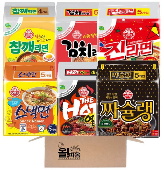 멀티라면 6종 기획세트 1호(참깨라면 1봉+스낵면 1봉+더핫열라면 1봉+진라면매운맛 1봉+짜슐랭 1봉+김치라면 1봉), 1세트