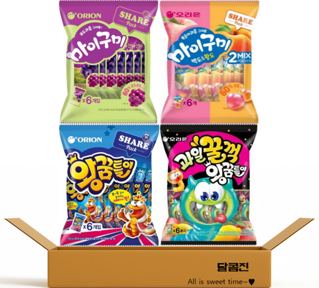 [달콤진] 오리온 젤리 4가지 마이구미 포도6P + 백도황도6P + 왕꿈틀이6P + 과일꿀꺽왕꿈틀이6P 총24P, 983.4g, 1개