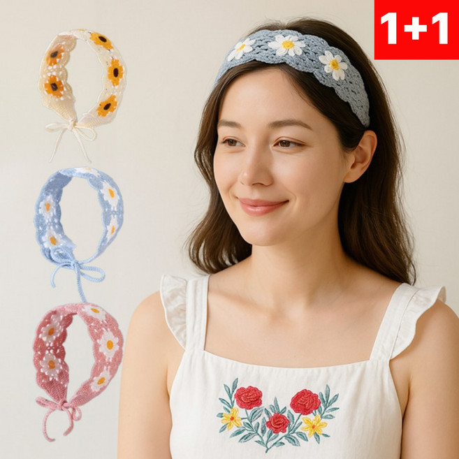 까마느 손뜨개 자수 니트 헤어밴드 크로셰 반다나 삼각 두건 보닛 귀도리 머리띠