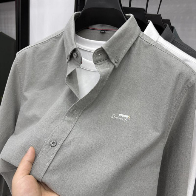 跨境男士休閒牛津紡襯衫秋季新款中青年男士長袖時尚潮流寬鬆襯衣