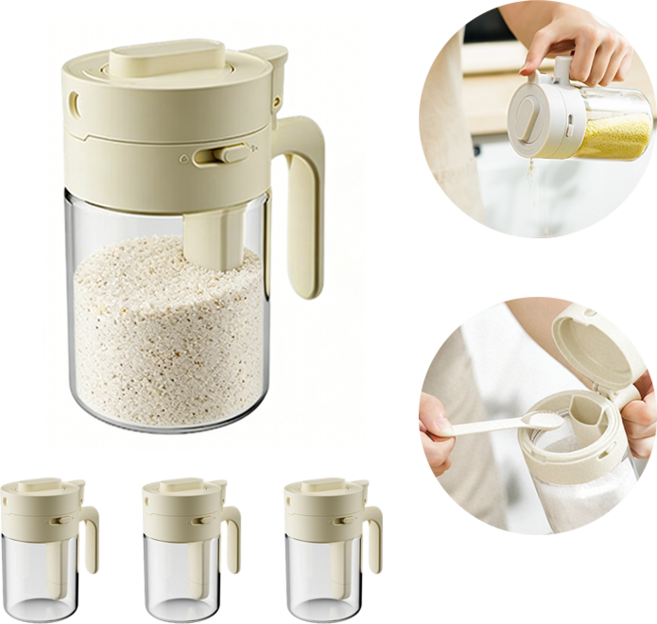 SMABAT 양념통 세트 유리 양념통 300ml 밀폐 조미료통 세트 스푼 포함, 베이지, 4개