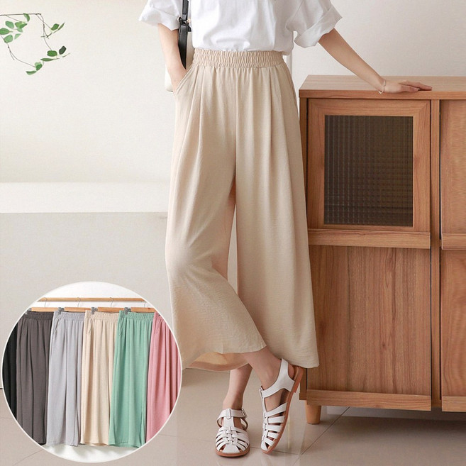[여름신상] 여성 린넨 밴딩 와이드 팬츠 / 시원한 통바지 / FREE 사이즈 / 데일리룩 / 휴가룩 추천 / 구김 걱정 없는 여름 팬츠