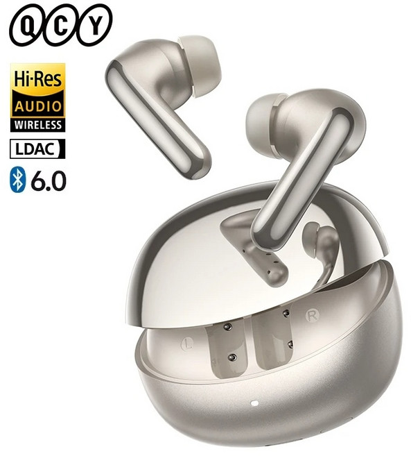 QCY MeloBuds N60 무선 블루투스 6.0 이어폰 ANC 헤드폰 LDAC 하이 레졸루션 오디오 코액셜 듀얼 드라이버 이어버드 45시간 BH25HT19A, 티골드