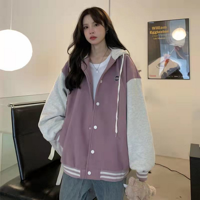 撞色拼接連帽衛衣外套女 韓版寬鬆刺繡棒球服