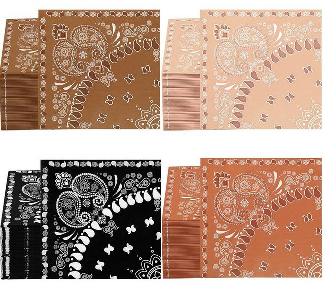 Teling 200 Pcs Western Bandana Napkins 2 Ply Paper Bulk Disposable Paisley 프린팅디자인 Cocktail Napkin, Black Brown