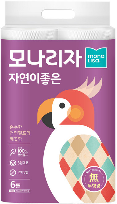 모나리자 자연이좋은 천연펄프 3겹 무색 무향 무형광 화장지, 25m, 6롤, 1개