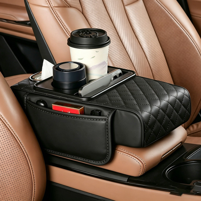 디에스가추몰 자동차 콘솔 쿠션 팔걸이 받침대 티슈 케이스 컵홀더 내장 수납함, 블랙, 컨텐츠 참조