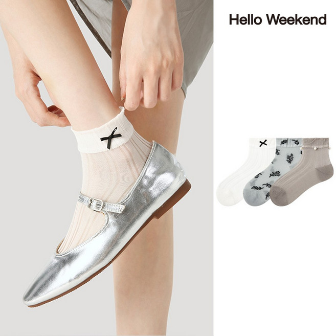 Hello Weekend 여성 리본 통기성 봄여름 양말 장목 양말 중목 양말 운동 3족 세트